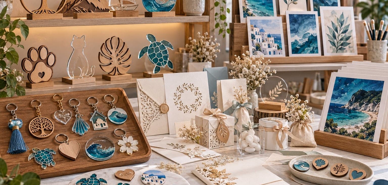 Llaveros, figuras cortadas con láser, invitaciones y láminas sobre una mesa