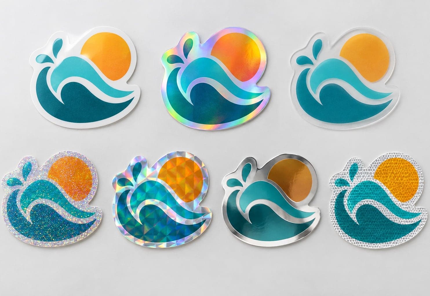 Stickers con el mismo diseño en vinilo, holográfico, transparente, glitter, prismático, espejo y reflectante